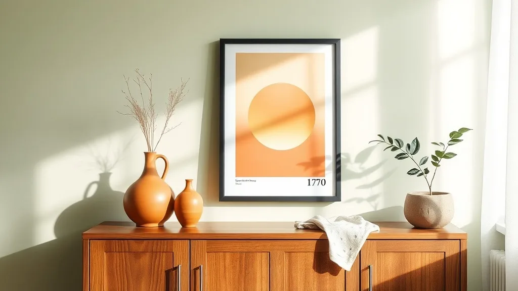 Affiche rétro années 1970 aux couleurs chaudes, encadrée de bois noir, suspendue à un mur blanc dans un intérieur lumineux.