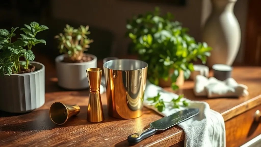 Doseur, passoire et couteau à fruits dorés sur une table chinée, prêts à servir