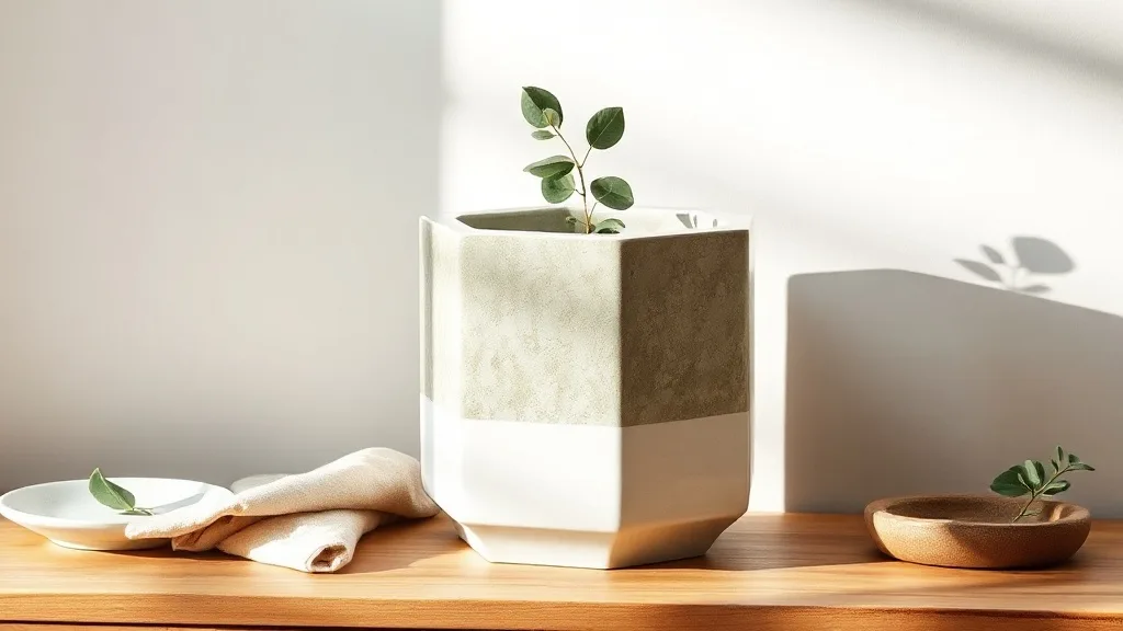 Un petit pot de stockage hexagonal en béton avec des veines marbrées, posé sur un plan de travail en bois clair, à côté d'une cuillère à café et d'un sachet de thé