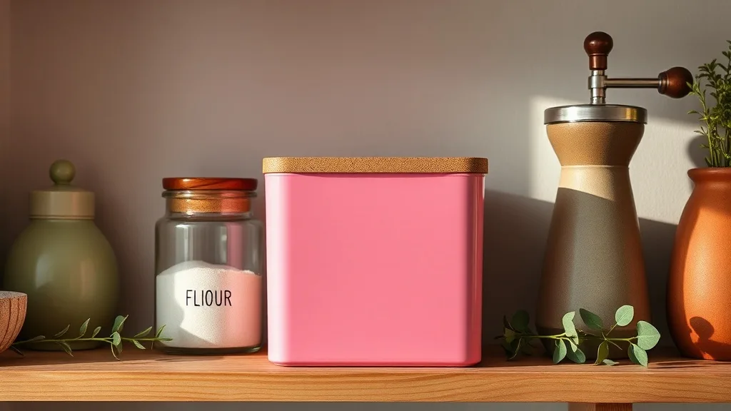 Boîte de rangement de cuisine rose fluo avec couvercle en liège, posée sur un plan de travail en bois clair à côté d'un bocal en verre.