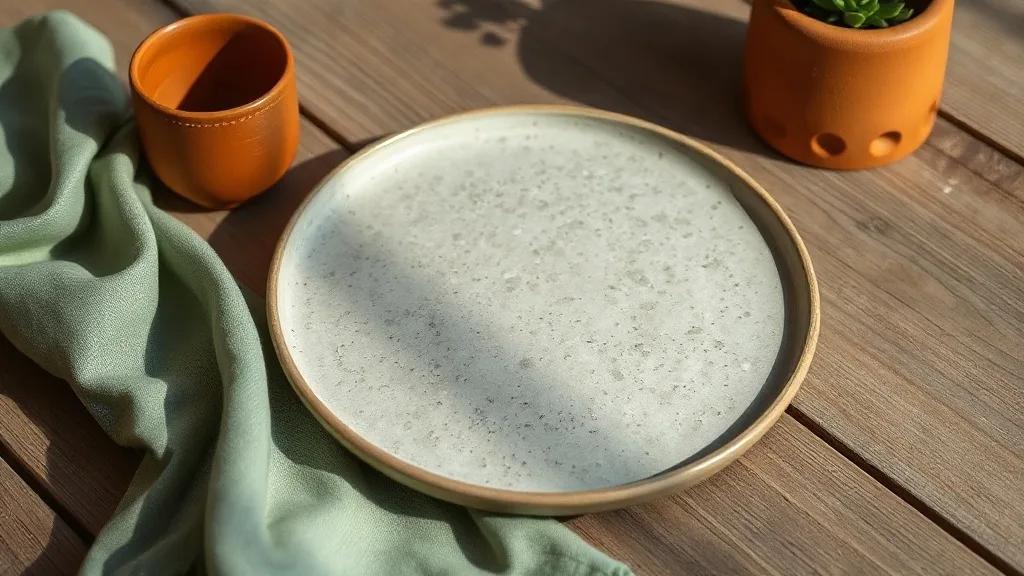 Assiette plate effet pierre posée sur une table en bois brut, avec un reflet de lumière rasante qui souligne la texture minérale