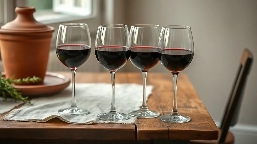 Quatre verres Bach 40cl alignés sur un plan de travail en bois massif, prêts pour un dîner.