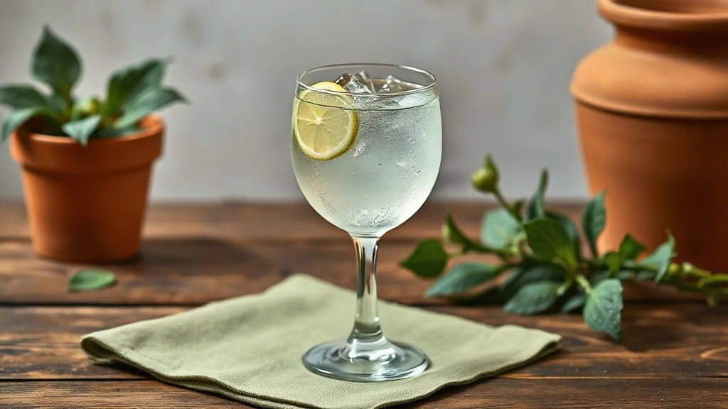 Verre à gin Montague 58 cl posé sur un plan de travail en bois, rempli de glaçons, gin tonic et une tranche de pamplemousse