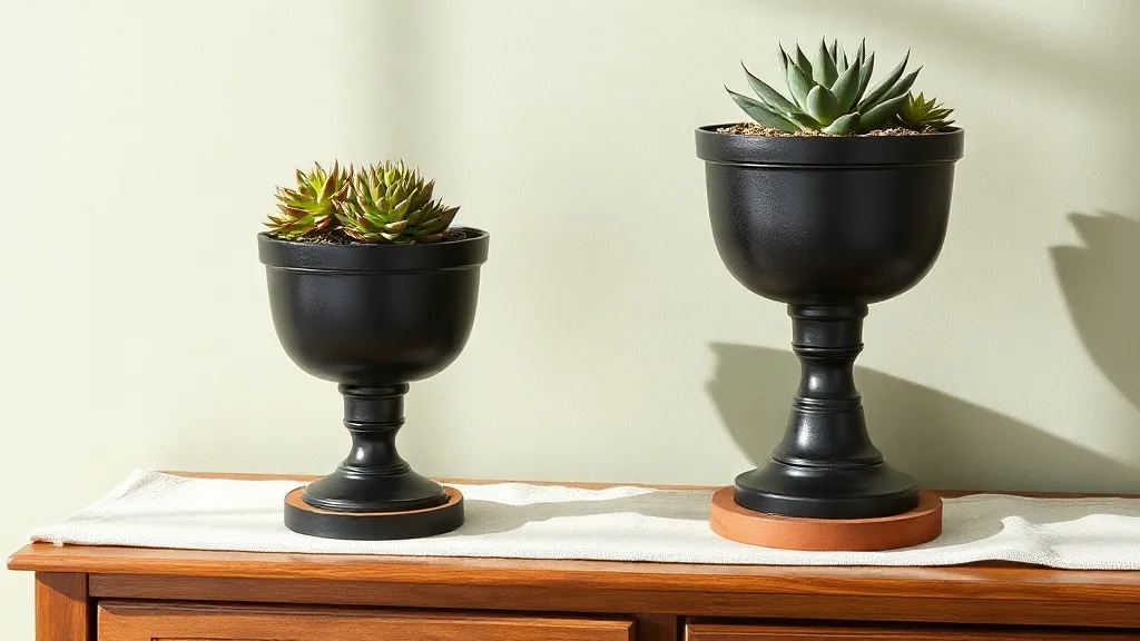 Deux pots en métal noir posés sur des pieds dorés, abritant une plante verte et une plante retombante, sur un fond de mur blanc texturé