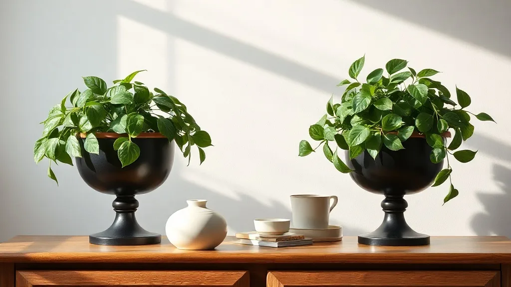 Deux pots en métal noir montés sur de fins piédestals dorés, disposés sur un rebord de fenêtre devant une vitre lumineuse, l'un abritant une plante retombante, l'autre une succulente.
