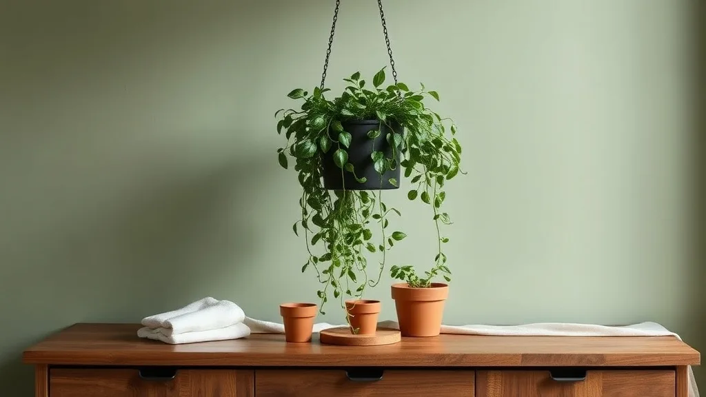 Jardinière ronde noire mate suspendue par un câble en métal, abritant une plante retombante verte dans un intérieur lumineux