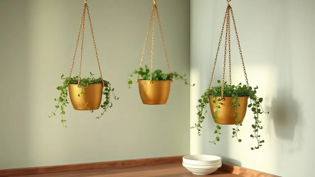 Trio de pots à suspension en métal doré et leurs chaînes, accrochés devant un mur pâle à côté d’une plante retombante.