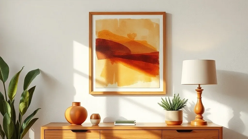 Affiche encadrée art abstrait tons ocre et marron sur un mur blanc