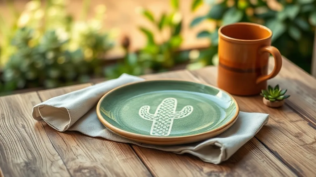 Assiette ronde en céramique verte avec des motifs de cactus peints dans un style aquarelle, posée sur une table en bois clair