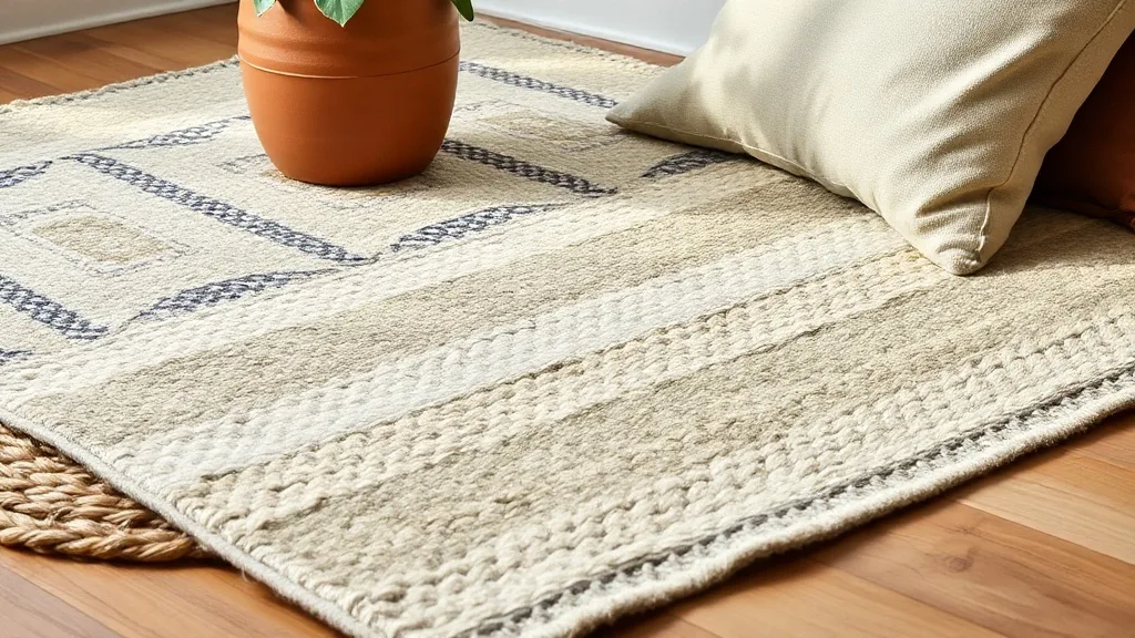 Tapis en laine épais avec motif géométrique posé sur un parquet ancien, lumière douce de fin de journée