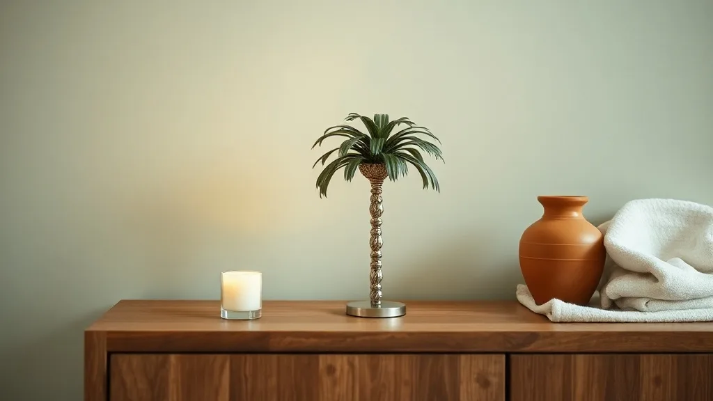 Porte-bougie en métal doré en forme de palmier, posé sur un buffet en bois foncé, une bougie allumée projette des ombres sur le mur.