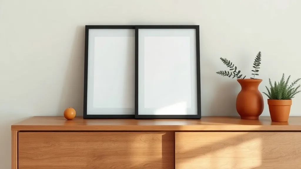 Affiche au graphisme abstrait insérée dans un cadre noir posé sur un mur blanc, vue d'angle.