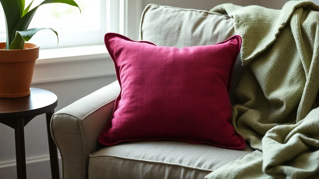 Coussin magenta à broderies florales Trichord posé sur un fauteuil en velours gris, dans un salon baigné de lumière naturelle.