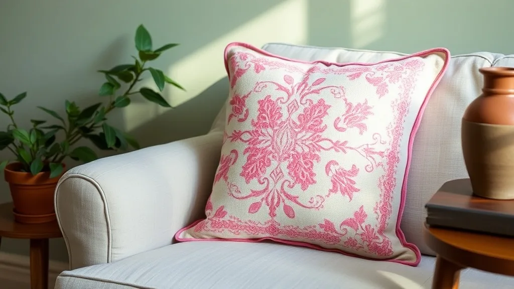 Coussin brodé suzani rose posé sur un fauteuil en lin naturel, lumière douce de fin d'après-midi