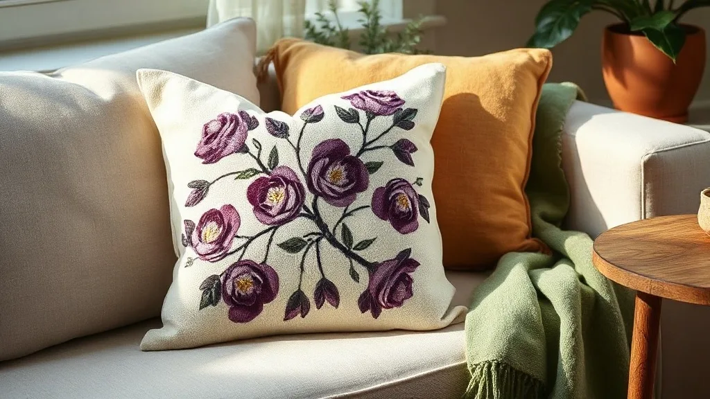 Coussin en lin écru brodé main de camélias violets, posé sur une chaise en bois