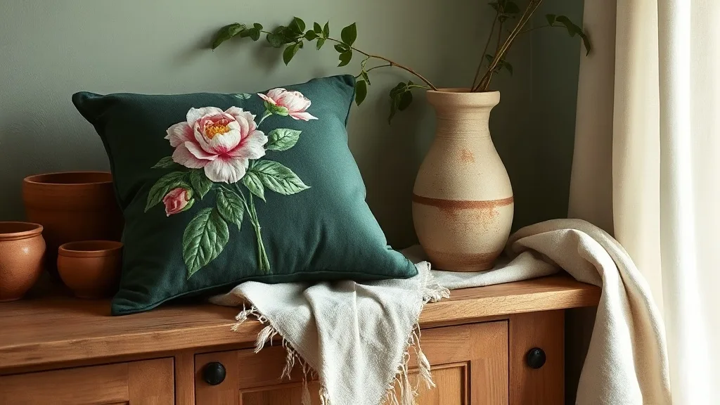 Coussin brodé camélia vert : le luxe de prendre son temps