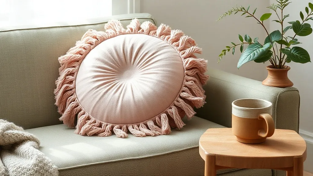 Un coussin rose poudré à franges épaisses posé sur un fauteuil en velours usé, lumière douce.