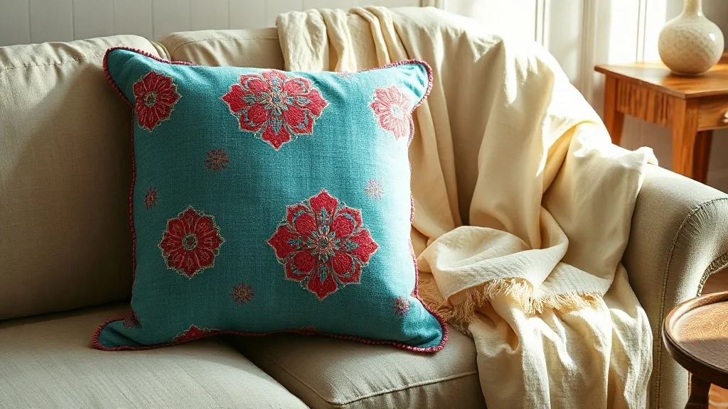 Coussin Suzani turquoise et rose : un bout d’histoire brodé