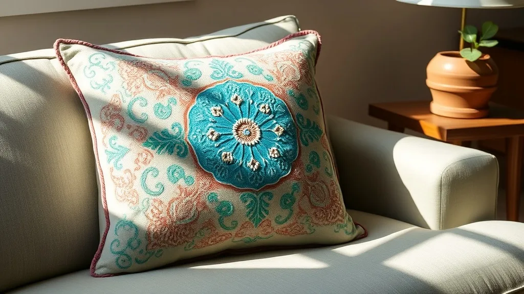 Coussin carré brodé Suzani turquoise posé sur un fauteuil en velours vieux rose, lumière rasante qui souligne le relief des points de broderie
