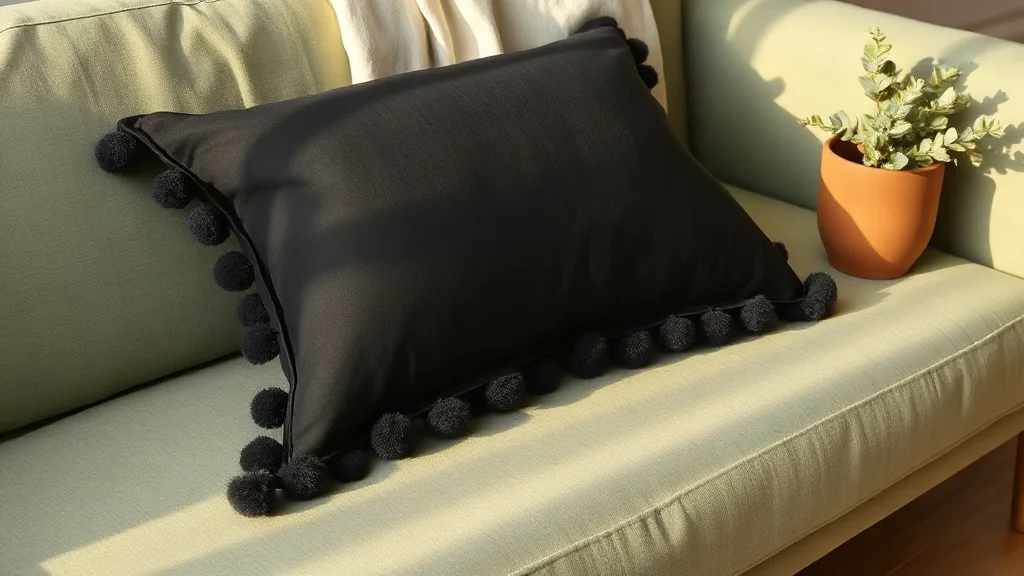Coussin double couche noir avec pompons : la texture plutôt que le motif