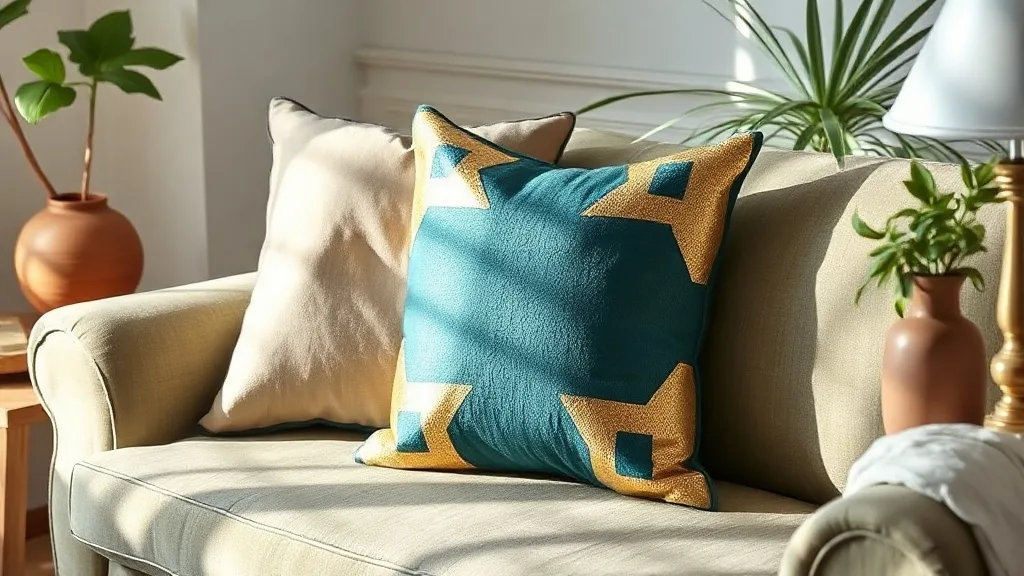 Coussin géométrique en tissu métallisé or et bleu sarcelle posé sur un canapé en velours gris, lumière rasante de fin d’après-midi