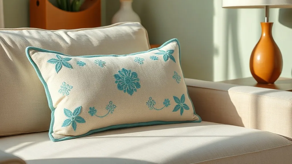Coussin polochon en coton brodé de motifs Suzani turquoise et multicolores, posé sur un canapé en lin clair