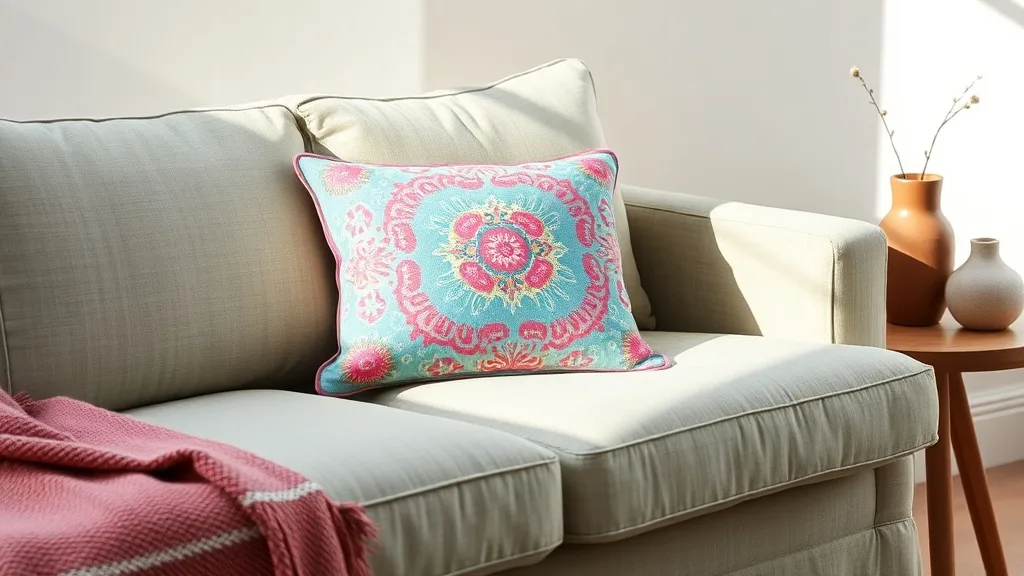 Coussin rectangulaire brodé Suzani aux motifs turquoise et rose posé sur un canapé en lin beige