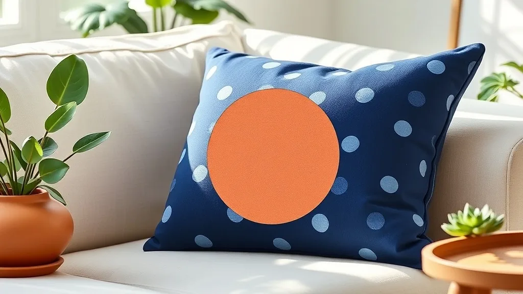 Coussin scandinave à pois abstraits en bleu marine posé sur un canapé en tissu clair, lumière naturelle douce