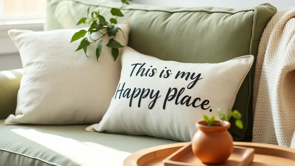 Coussin gris avec l'inscription This Is My Happy Place posé sur un canapé, ambiance tamisée