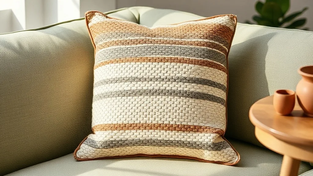 Coussin rectangulaire en tissu texturé taupe et crème posé sur un canapé en velours moutarde