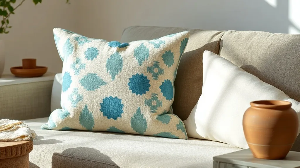 Coussin aztèque matelassé aqua et blanc : le détail qui dure
