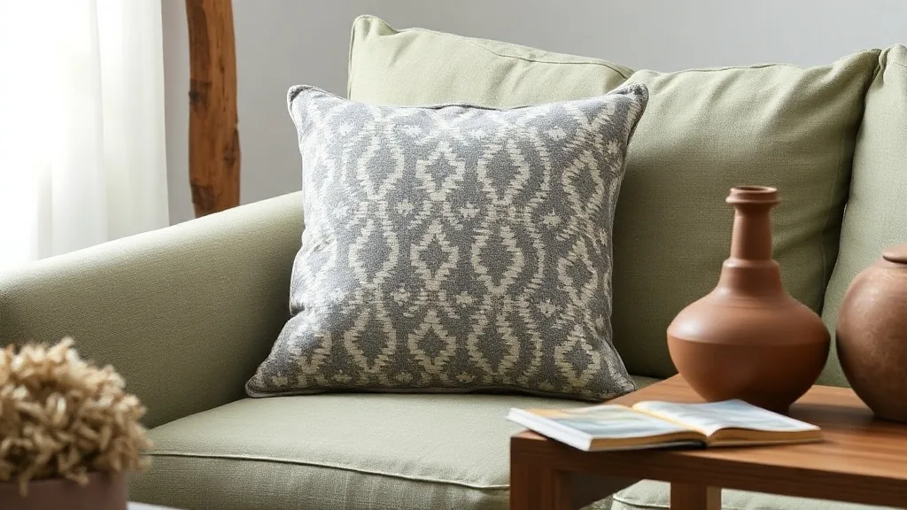 Coussin aztèque matelassé gris et blanc sur un canapé en cuir usé, lumière d’après-midi
