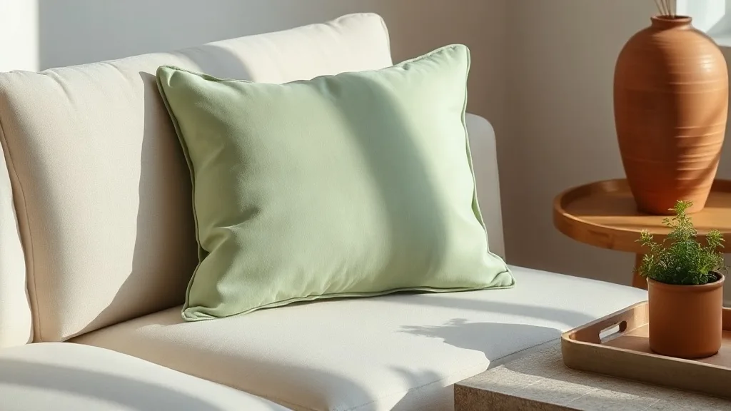 Coussin en velours matelassé vert clair posé sur un fauteuil en lin beige, la lumière rasante révèle le relief des piqûres