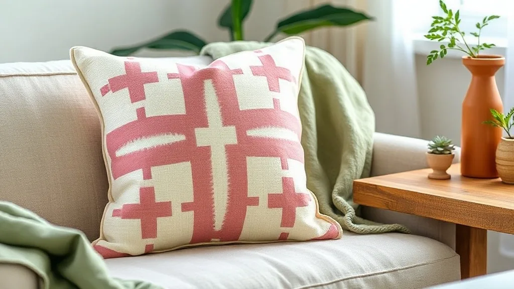 Ce coussin à motif croix rose et blanc peut-il ressusciter un canapé fatigué ?
