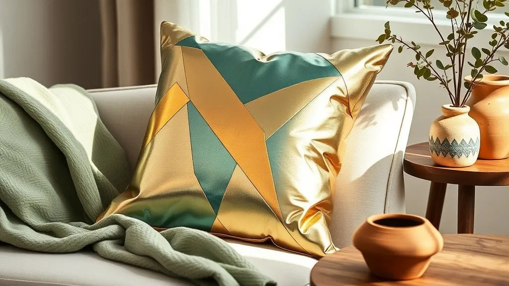 Coussin géométrique bleu sarcelle et or posé sur un fauteuil en velours sombre, lumière douce d'un salon