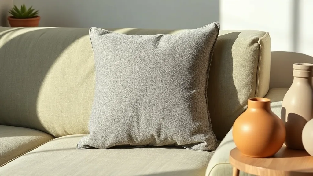 Un coussin gris en forme de triangle posé sur un fauteuil en lin, lumière naturelle d'après-midi, ombres douces sur un mur blanc.