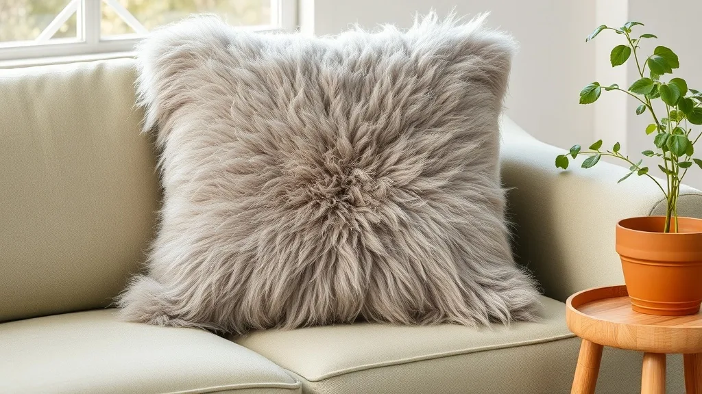 Un coussin en peau d'agneau gris, rose pâle et crème sur un fauteuil en velours côtelé, lumière naturelle rasante.
