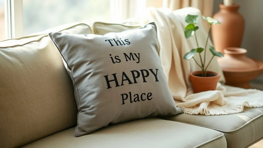 Un coussin gris portant l'inscription This Is My Happy Place, posé sur un canapé en lin froissé, lumière douce de fin d'après-midi.