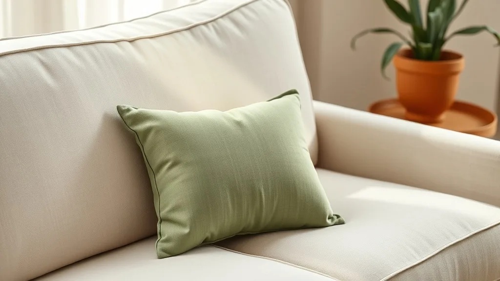 Petit coussin carré en tissu vert pin posé sur un fauteuil en velours