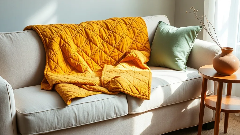 Couverture en velours matelassé géométrique moutarde drapée sur un canapé en lin beige, avec un parquet en chêne clair.