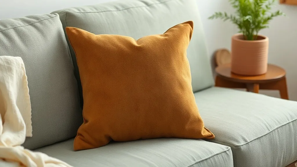 Coussin carré en daim texturé gris posé sur un canapé en lin naturel, près d'une tasse de café et d'un plaid en laine.