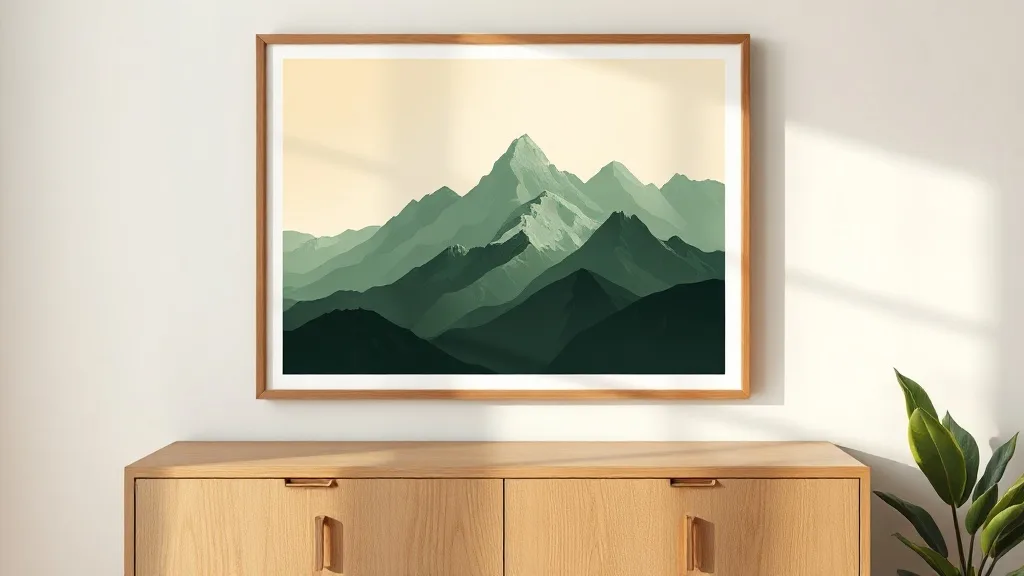 Affiche encadrée montagne moutarde et vert : l'impact du format A2 sur un mur