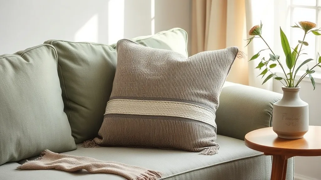 Coussin taupe tissé et crème : l’accessoire qui structure la pièce