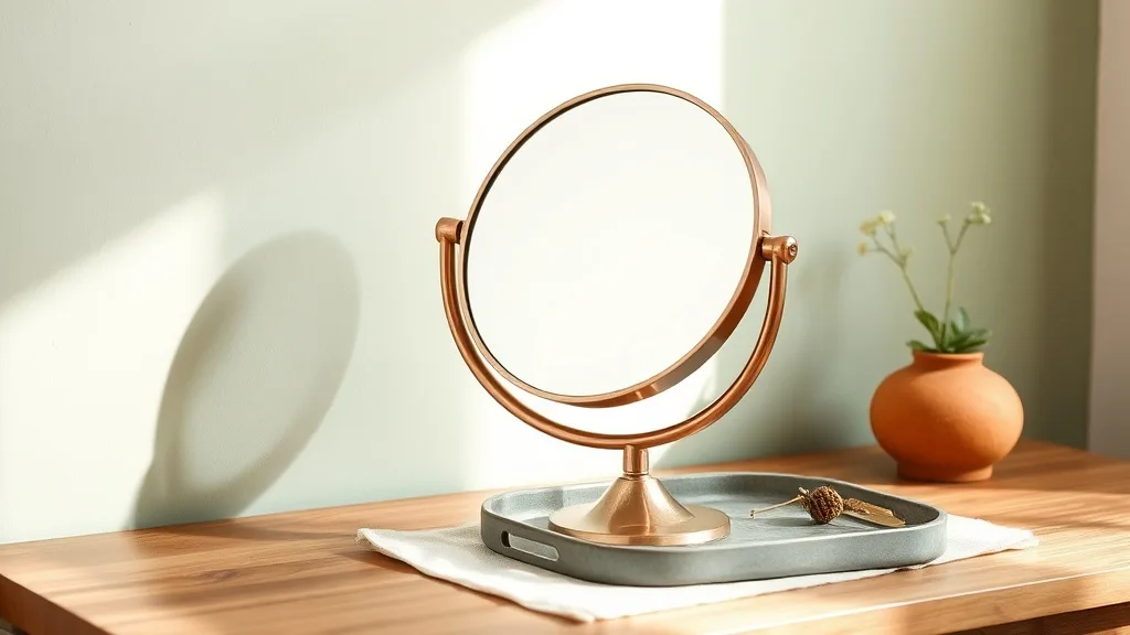 Miroir de table rond en métal cuivré sur pied pivotant, posé sur une console en bois sombre