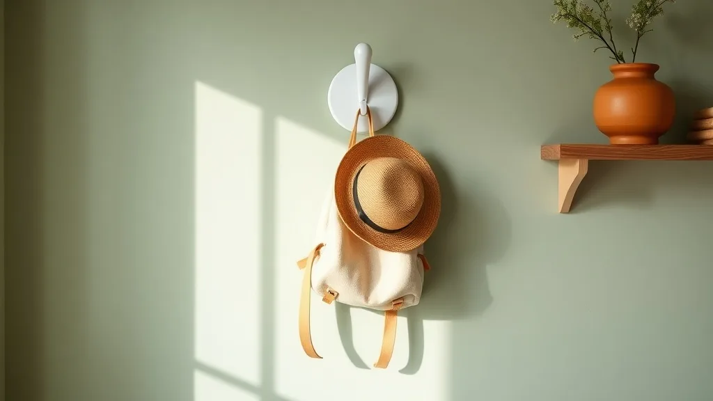 Un crochet mural en céramique blanche fixé à hauteur d’enfant sur un mur bleu pastel, avec un petit sac à dos suspendu.