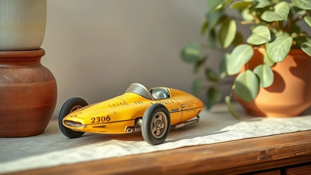 Une petite voiture de course en métal jaune posée sur une étagère en bois, à côté de livres pour enfants. La peinture légèrement patinée laisse deviner des années de jeu.