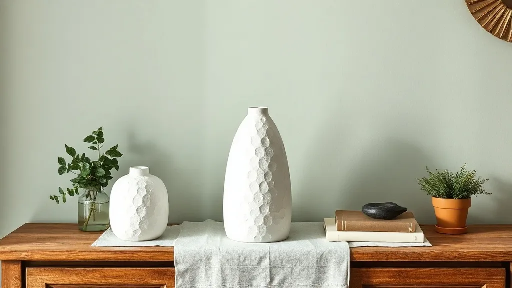 Trois vases en céramique blanche à texture rugueuse, disposés sur une étagère en bois, captant la lumière rasante de fin de journée