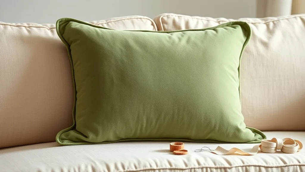 Coussin carré en velours vert pin avec un passepoil assorti, posé sur un fauteuil en bois et tissu écru, lumière douce de fin de journée.