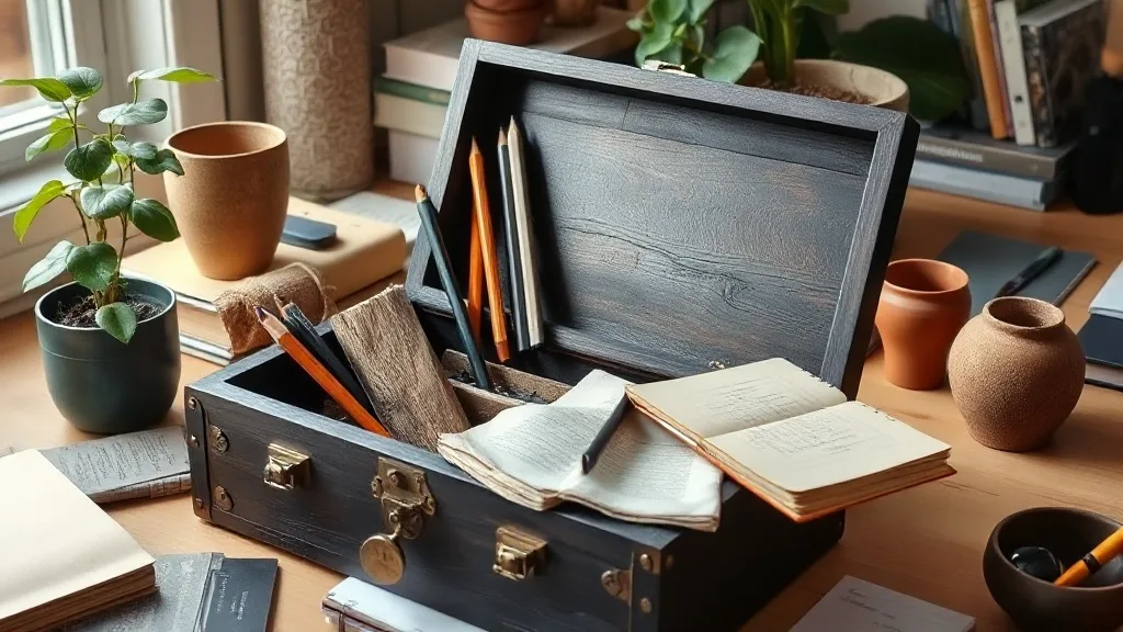 Grande boîte à crayons noire en chêne massif, ouverte, avec quelques crayons, posée sur un bureau en bois