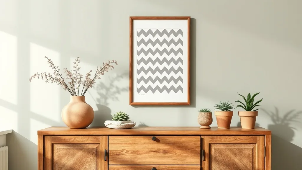 Une affiche encadrée avec un motif chevron gris et blanc sur un mur clair, cadre en bois clair, lumière douce.